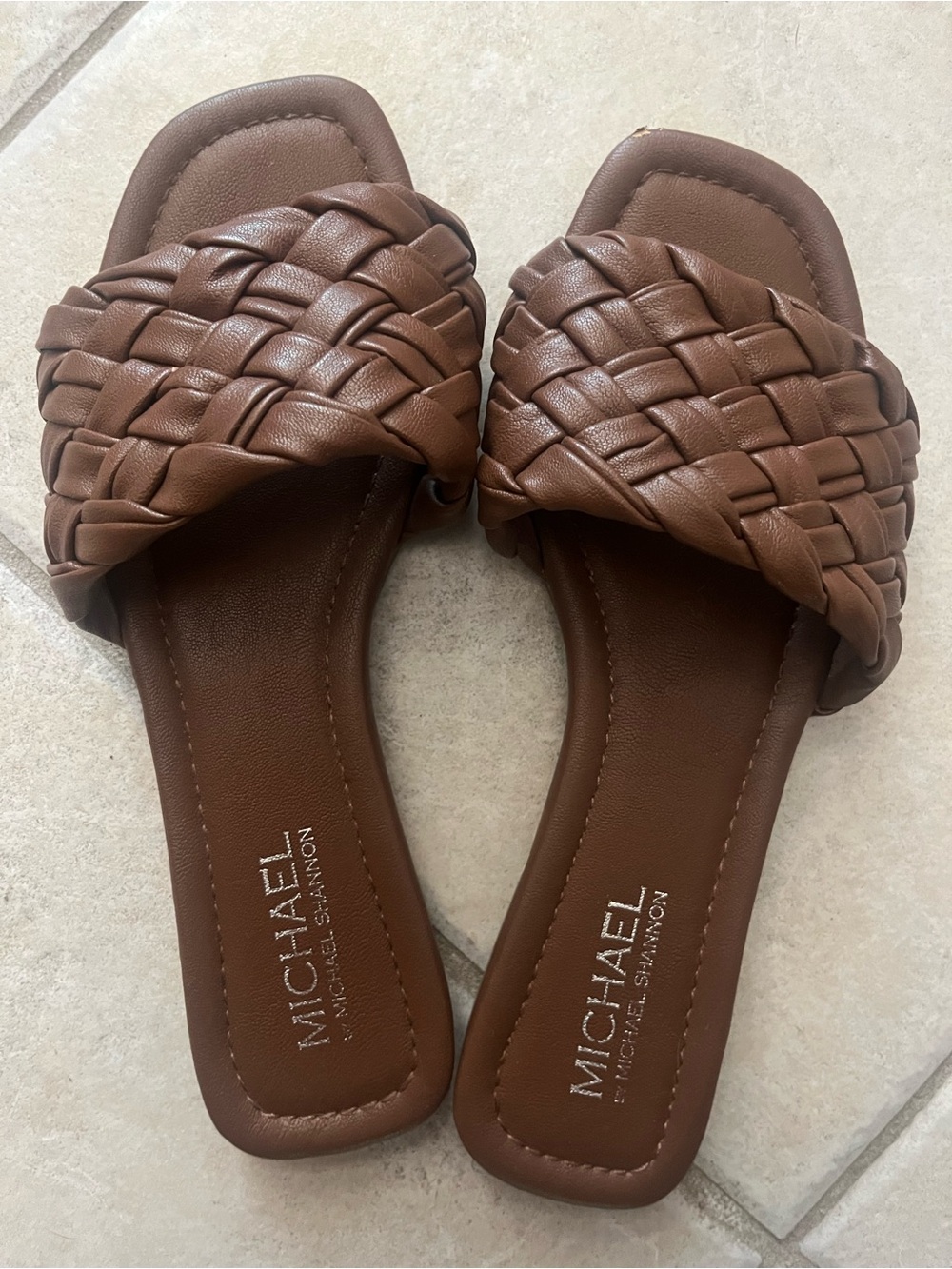 Michael Shannon Woven Leather Slide Sandals — Brown